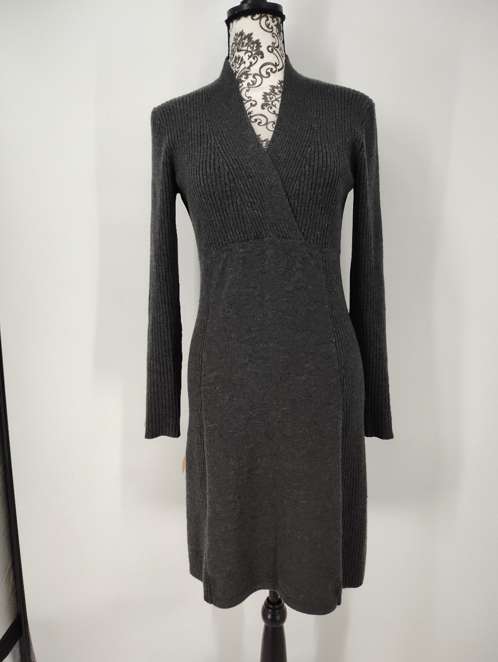 Athleta Charcoal Ribbed Wrap-Style Long Sleeve Merino Wool Dress Women's Small